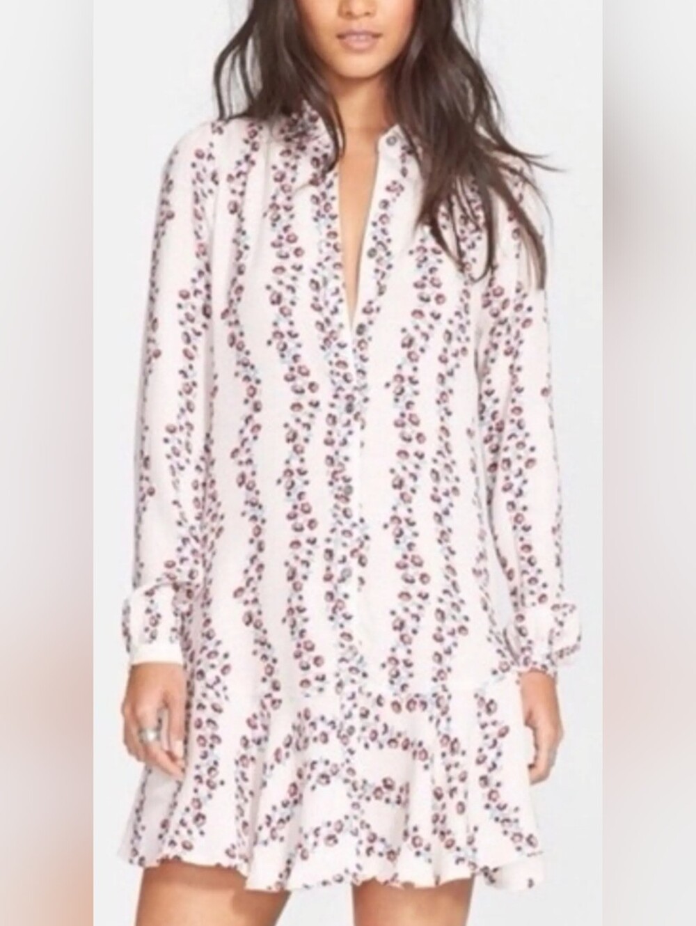 Free People Slubby Crinkle Drop Waist Floral Button Up Shirt Dress Size M